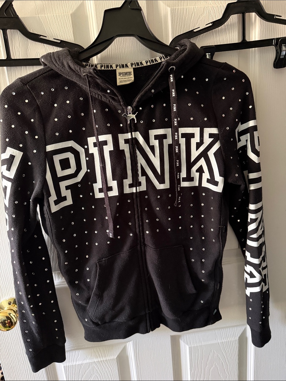 PINK Victoria's Secret Black Zip-Up Hoodie with White Logo and Studs